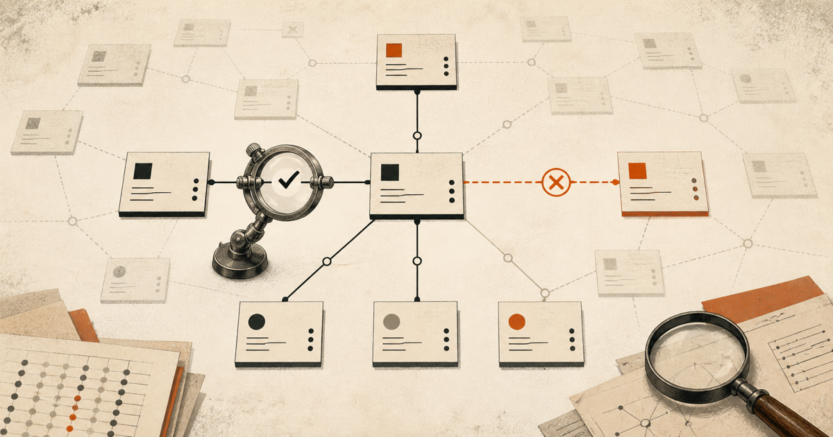 Abstract company records connected in a relationship graph, with one relationship accepted, one rejected, and many unresolved